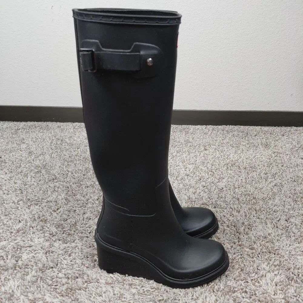 Hunter Original Refined Mid Wedge Tall Boots Womens 8 Black Rain Ourdoor